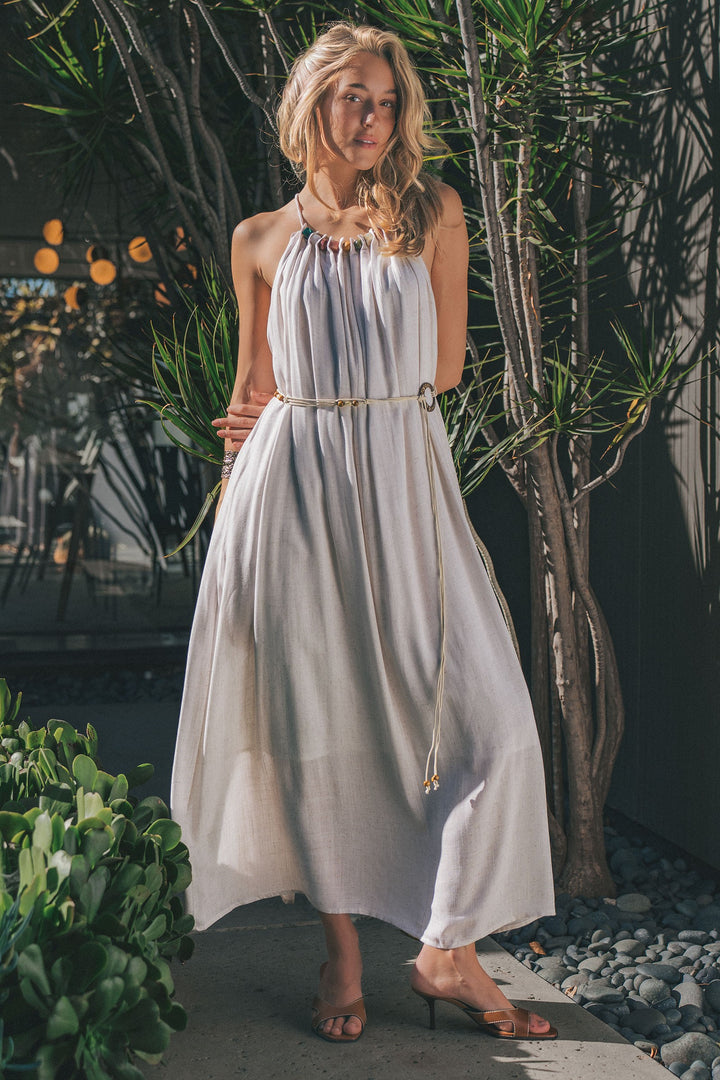 beaded halter neck linen maxi dress - oatmeal