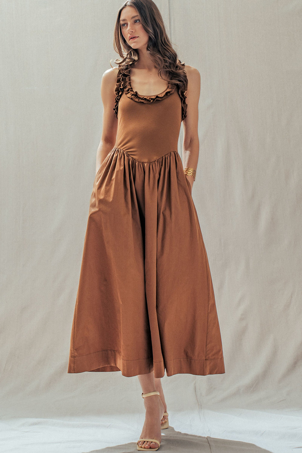 soft ruffle bodice midi dress - brown (additional view)