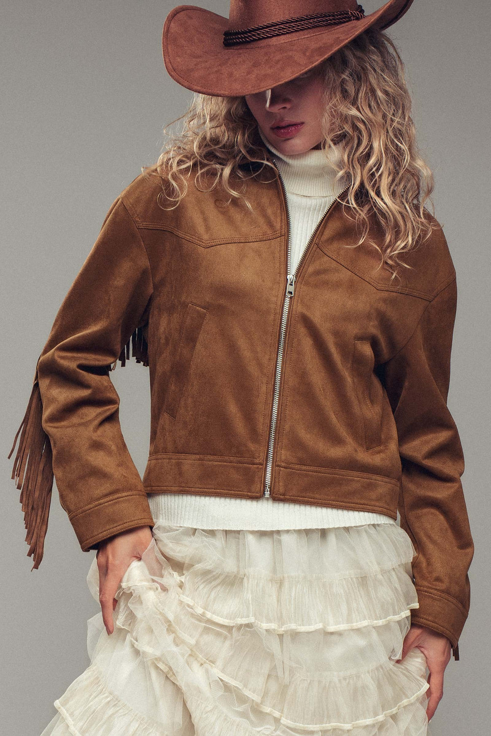 detail suede zip jacket - camel (additional view)