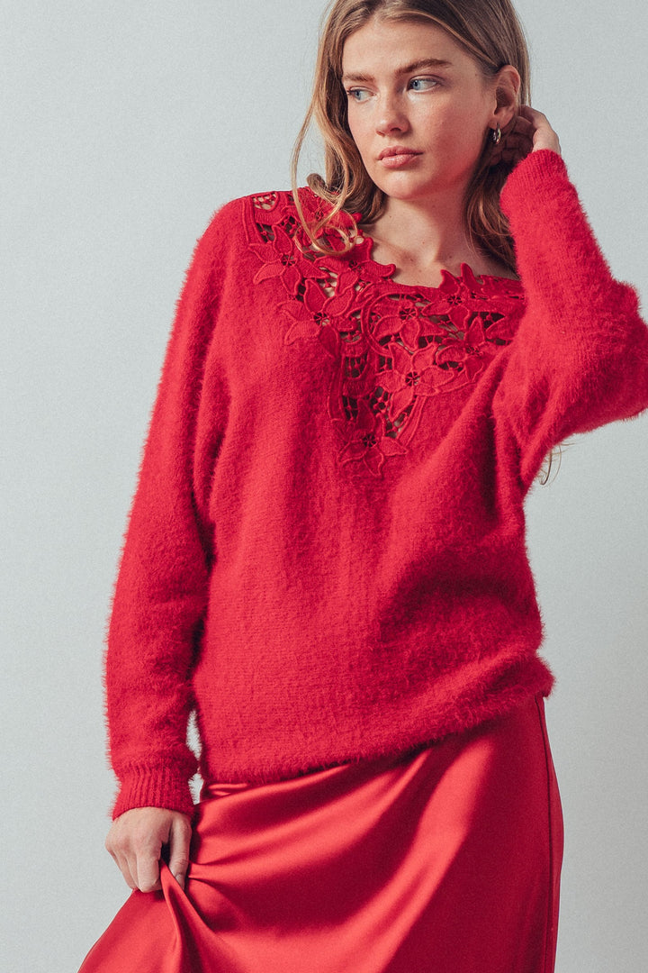 floral lace detail fuzzy knit sweater - red (additional view)