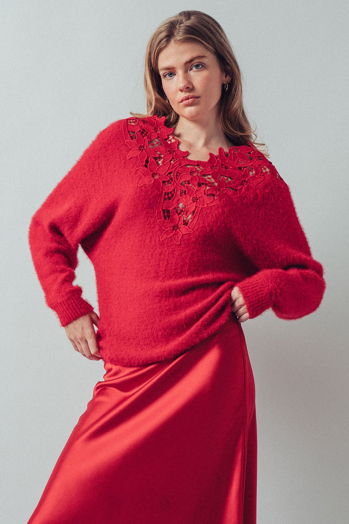floral lace detail fuzzy knit sweater - red (additional view)
