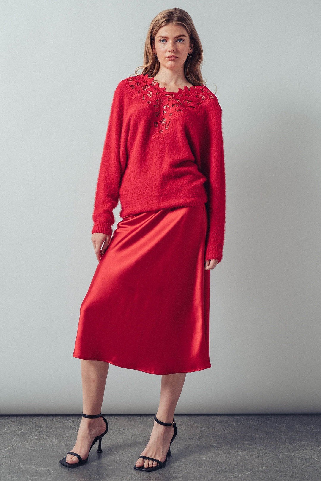floral lace detail fuzzy knit sweater - red (additional view)