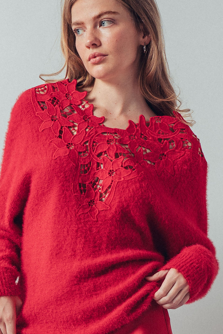 floral lace detail fuzzy knit sweater - red (additional view)