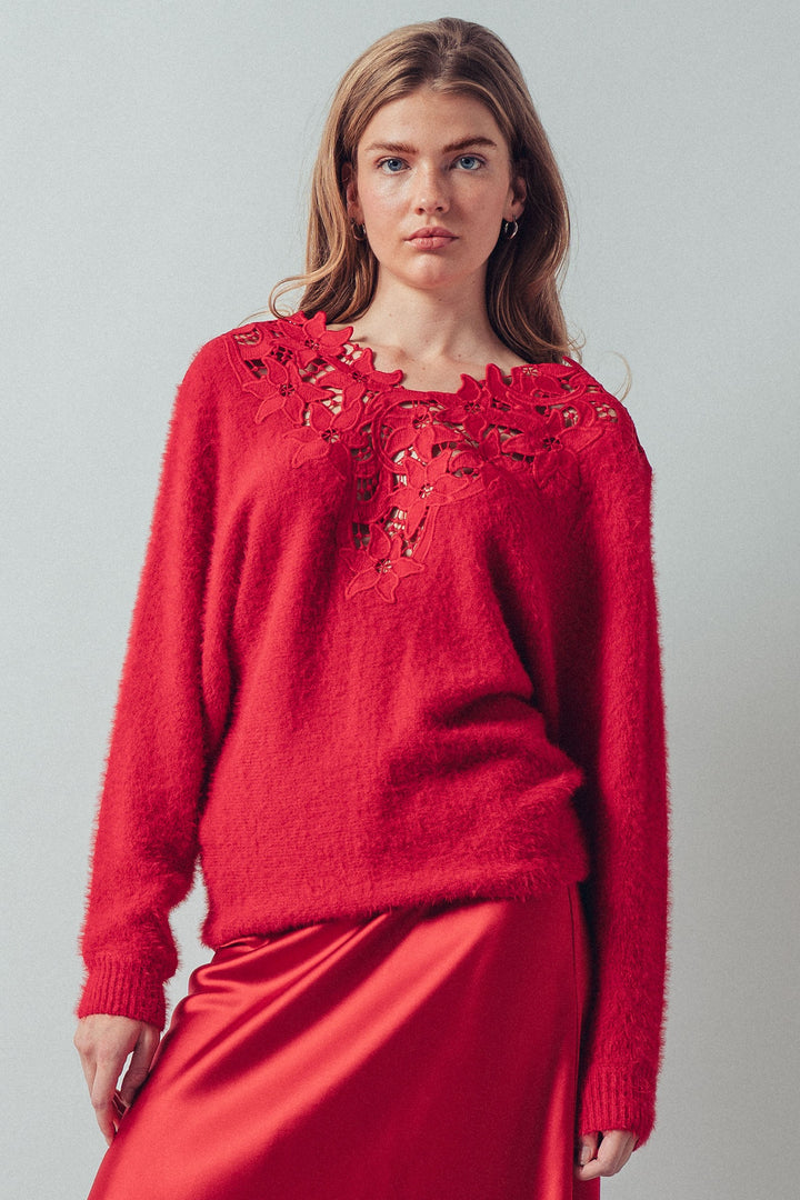 floral lace detail fuzzy knit sweater - red (additional view)