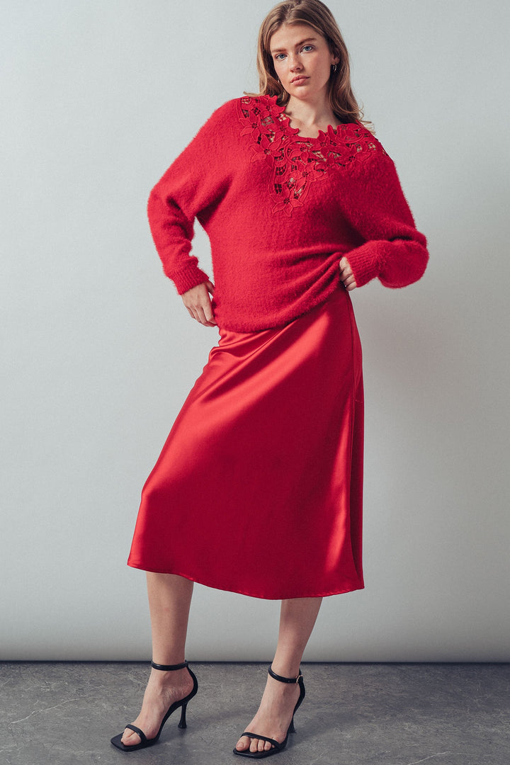 floral lace detail fuzzy knit sweater - red (additional view)