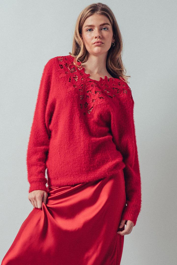 floral lace detail fuzzy knit sweater - red (additional view)