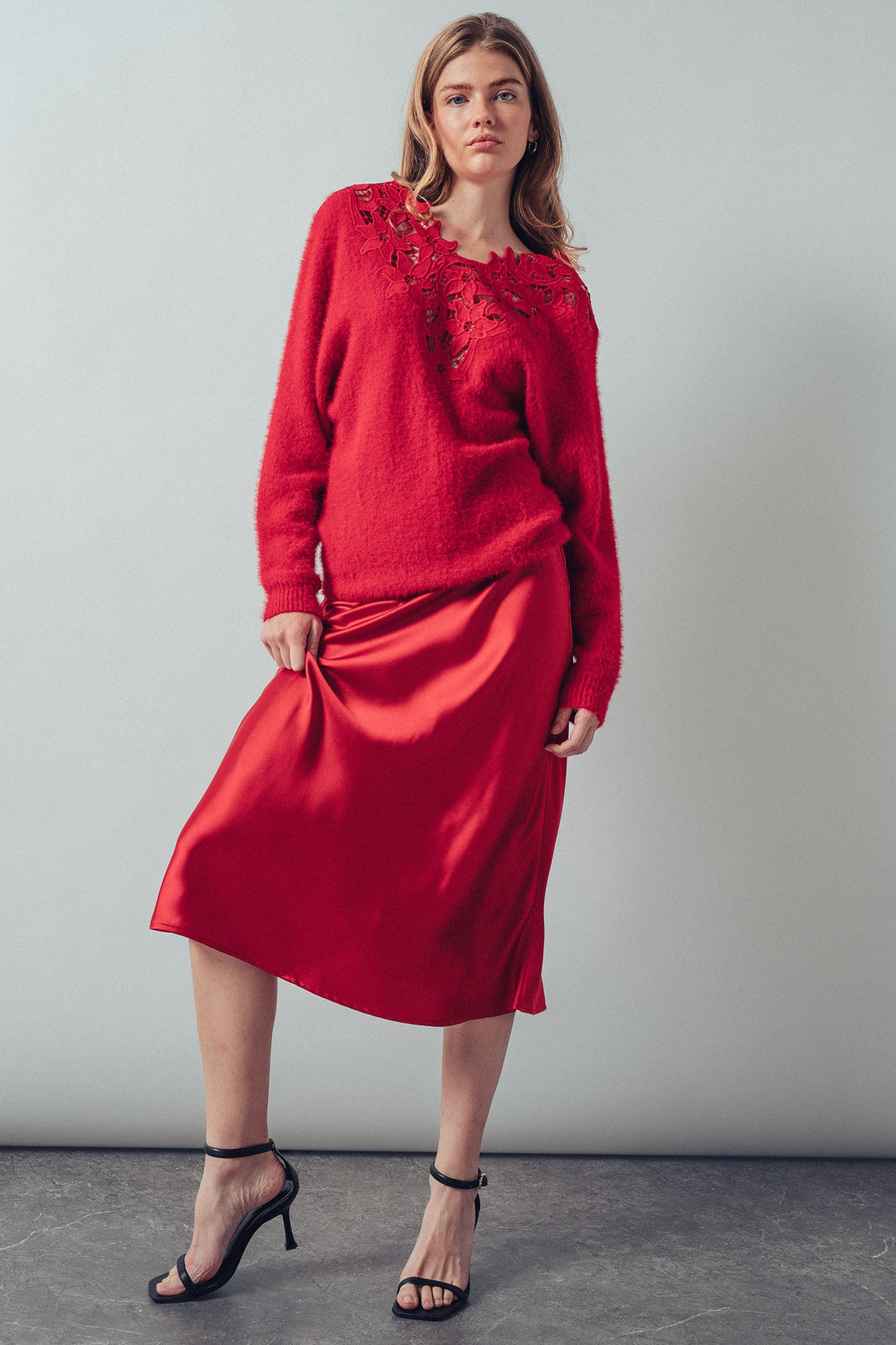 floral lace detail fuzzy knit sweater - red (additional view)