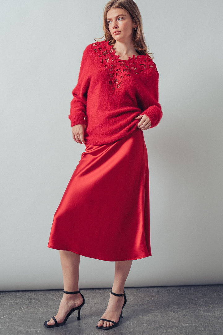 floral lace detail fuzzy knit sweater - red (additional view)