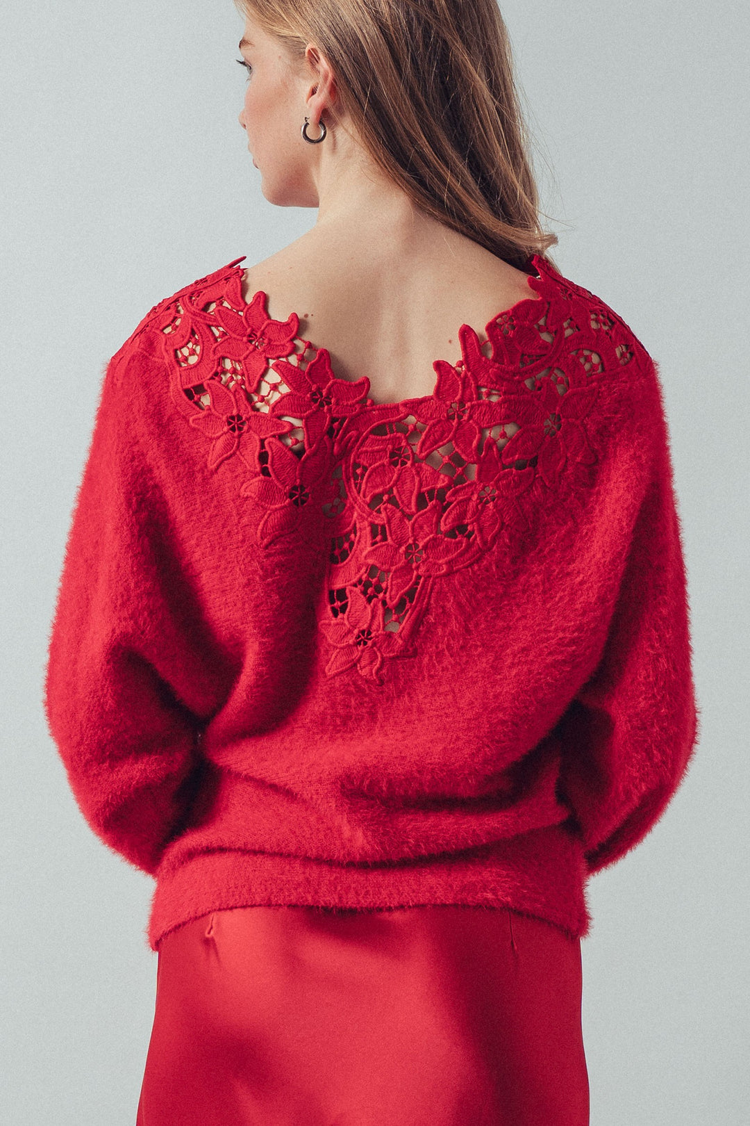 floral lace detail fuzzy knit sweater - red (additional view)