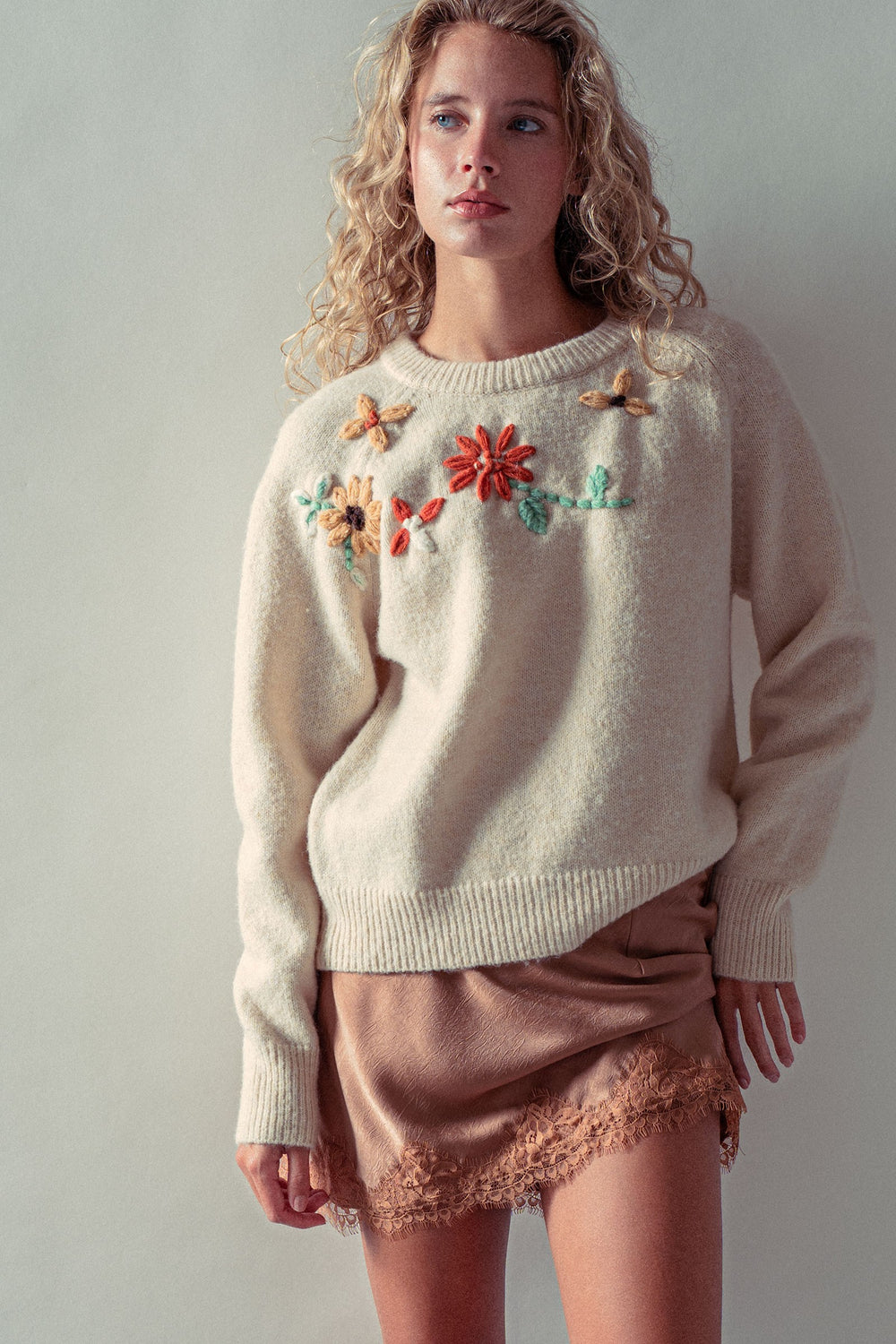 floral embroidered knit sweater - oatmeal (additional view)