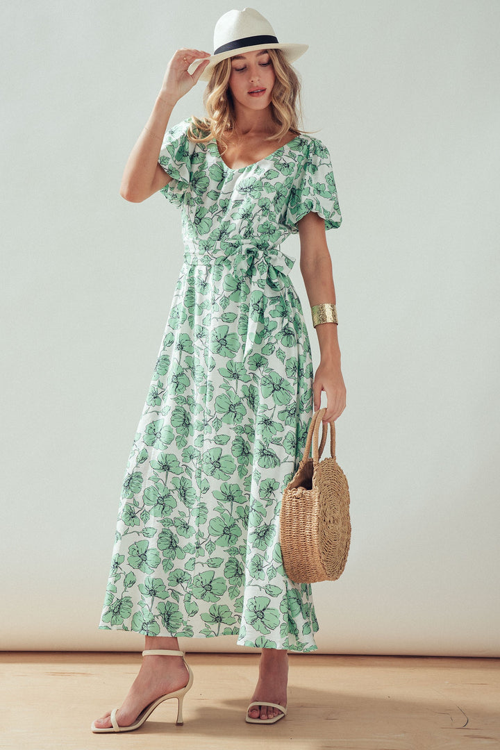 puff sleeve maxi dress - green multi