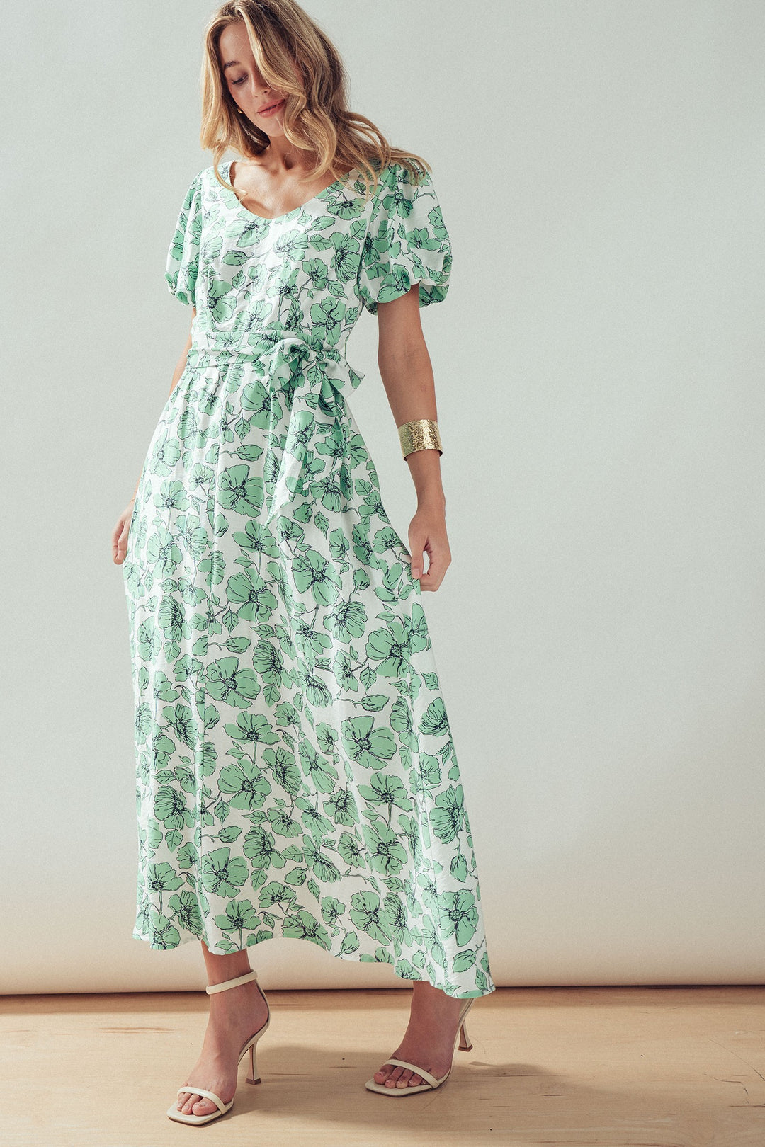 puff sleeve maxi dress - green multi (additional view)