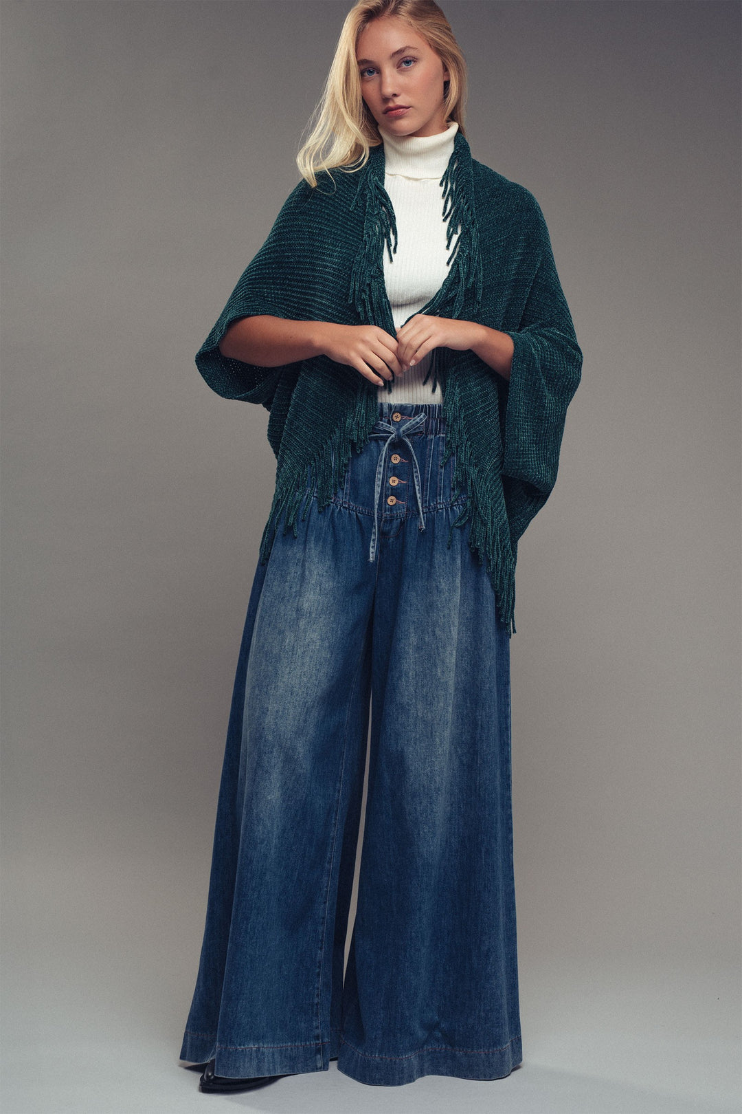 fringe knit shawl cardigan - green (additional view)