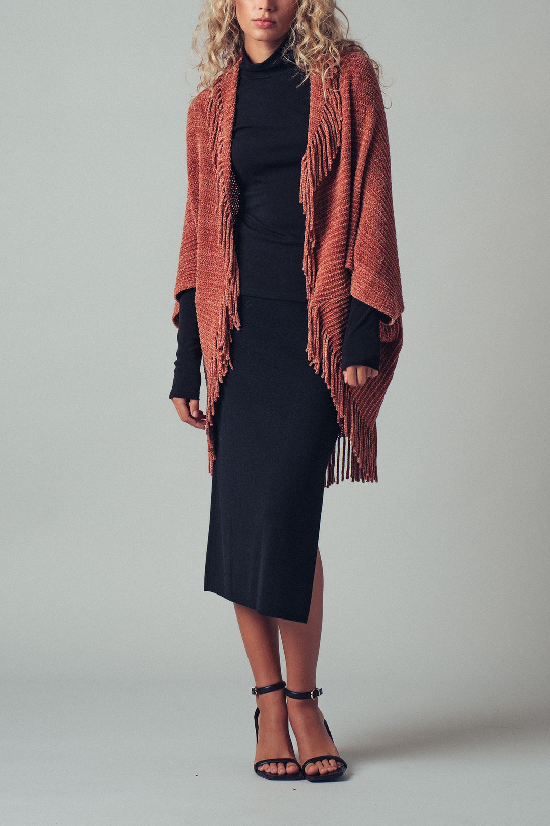 fringe knit shawl cardigan - pink (additional view)