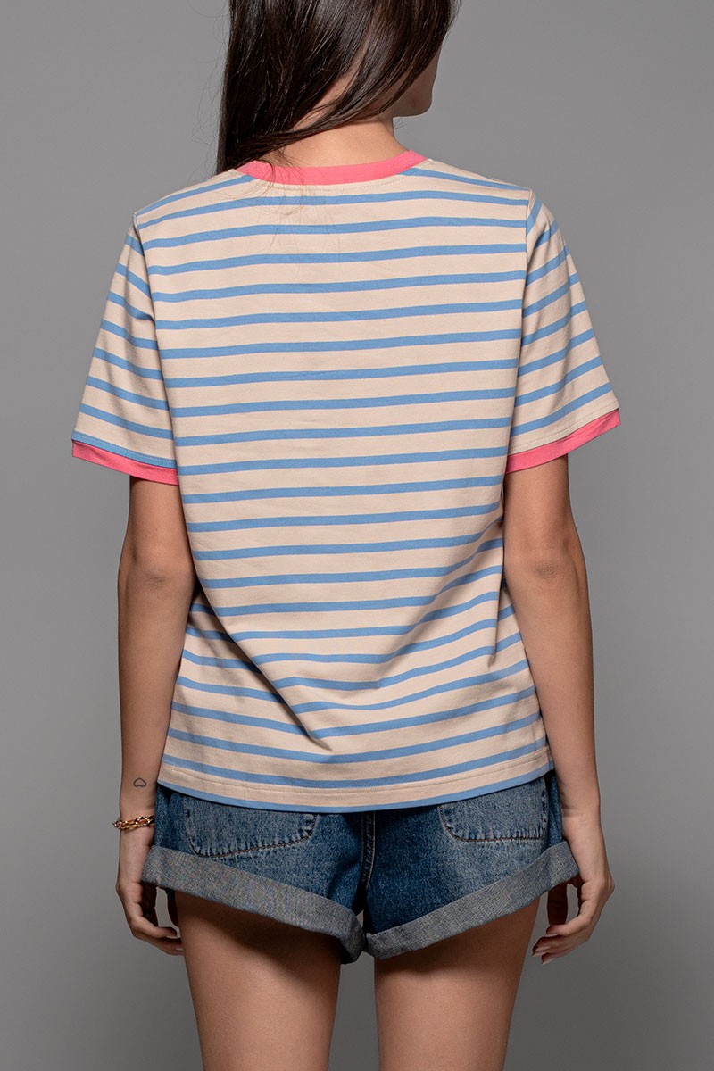 pink striped casual top with blue contrast details - bluepink (additional view)