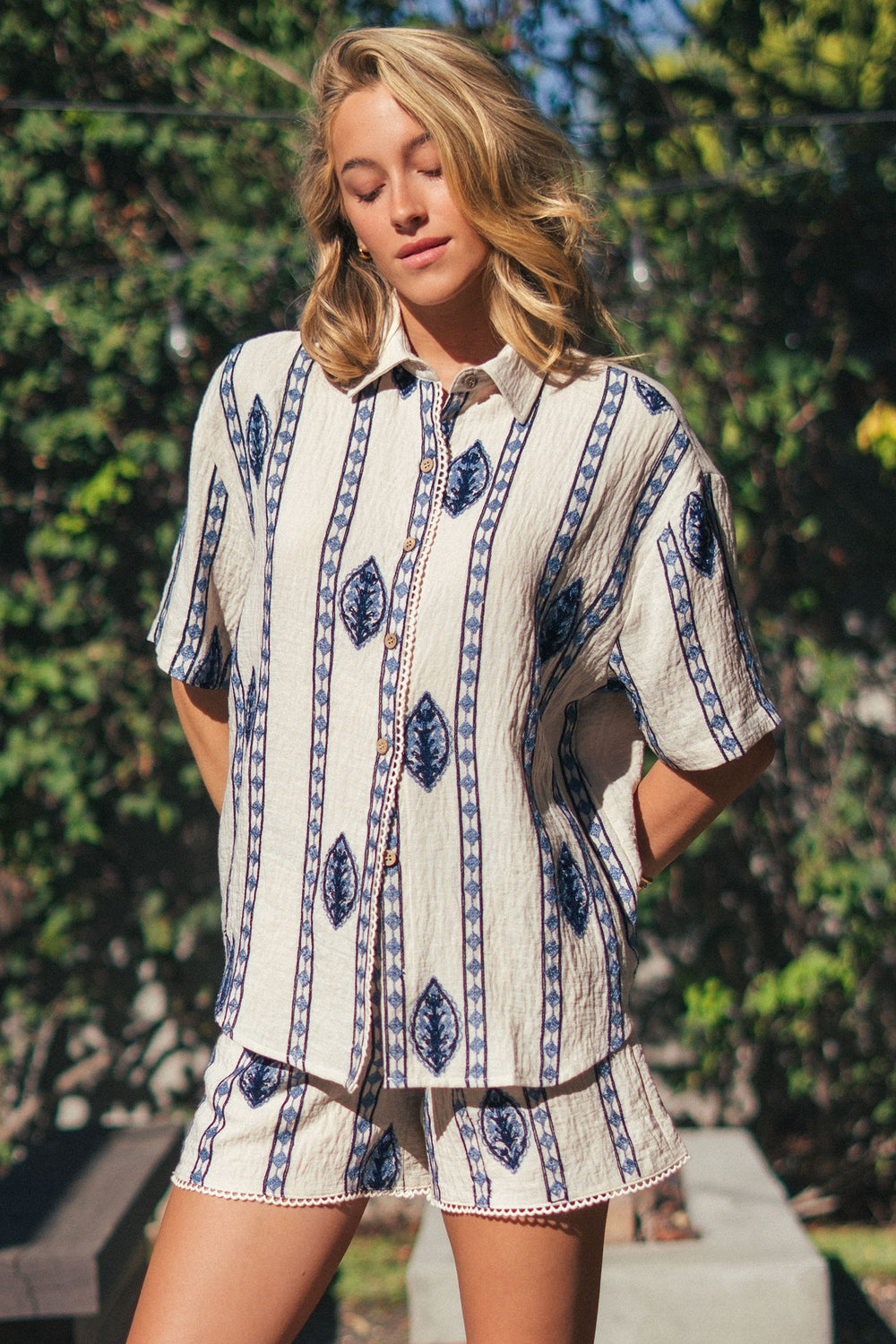 stripe embroidered camp shirt - cream blue (additional view)