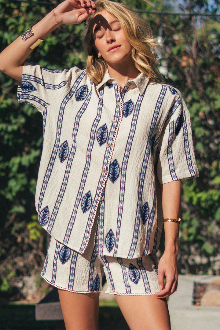 stripe embroidered camp shirt - cream blue (additional view)