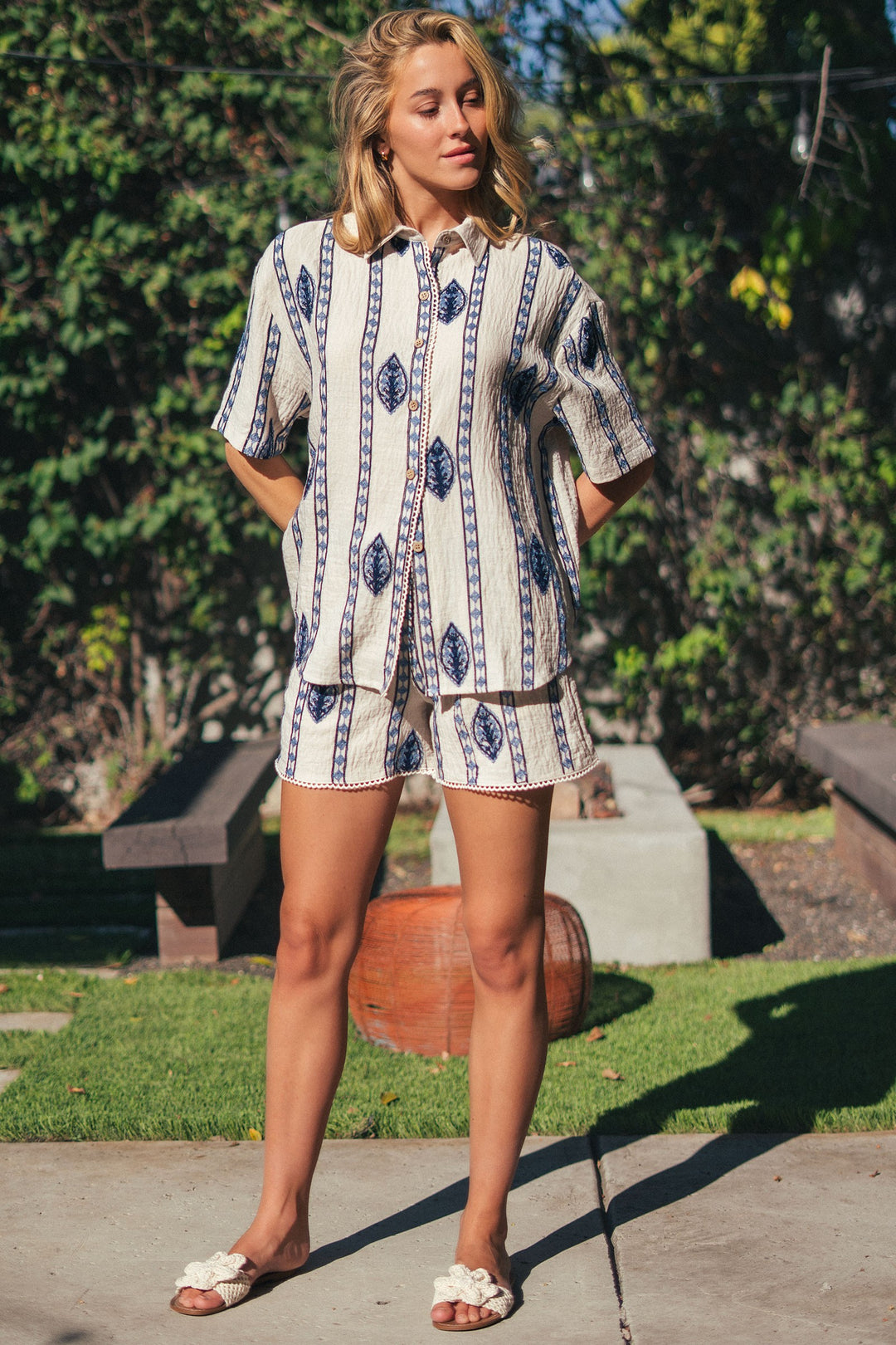 stripe embroidered camp shirt - cream blue (additional view)