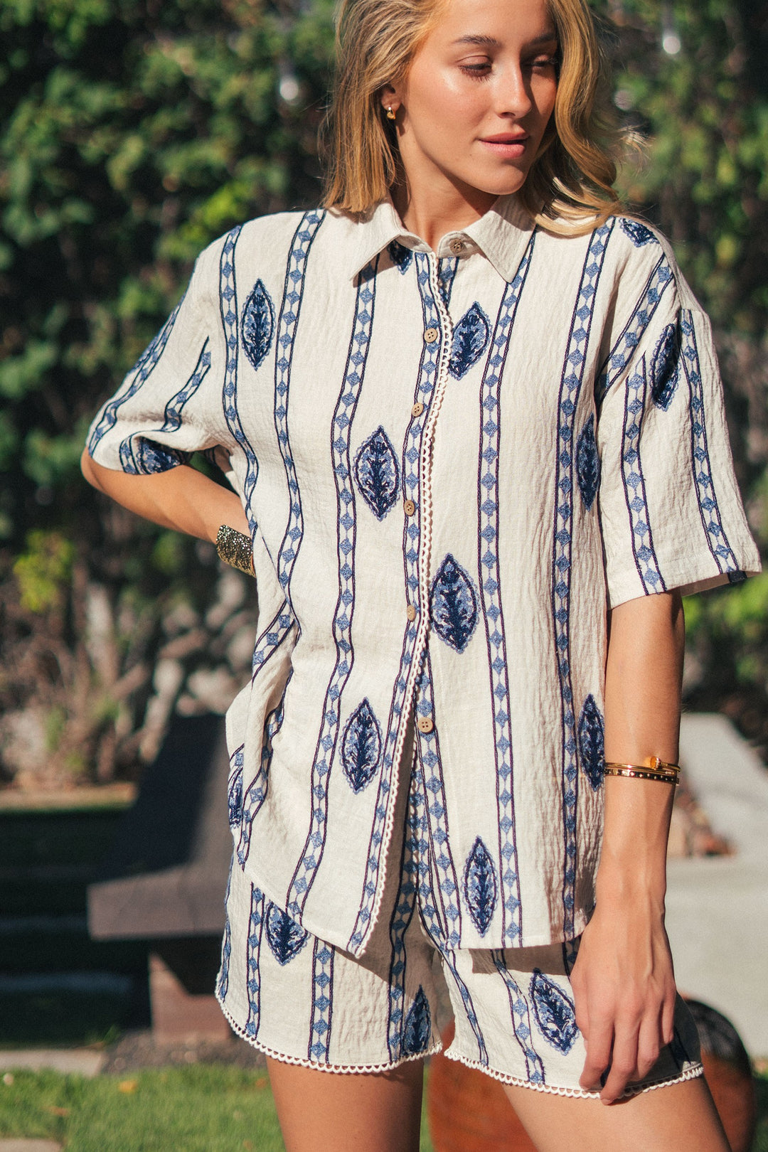 stripe embroidered camp shirt - cream blue (additional view)