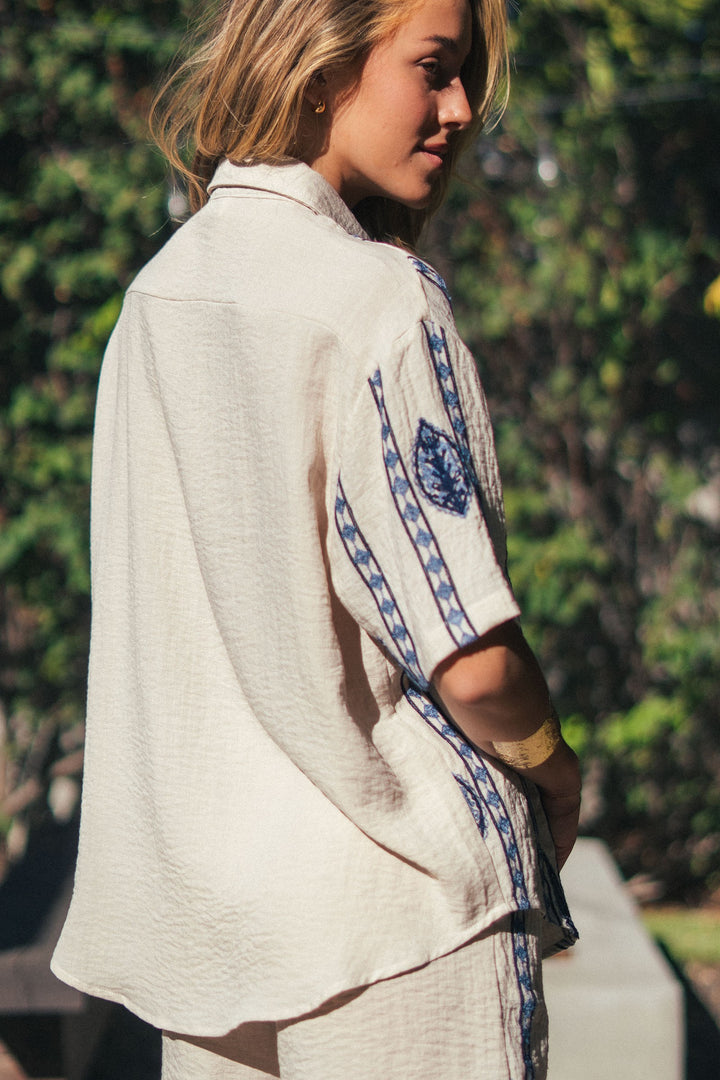 stripe embroidered camp shirt - cream blue (additional view)