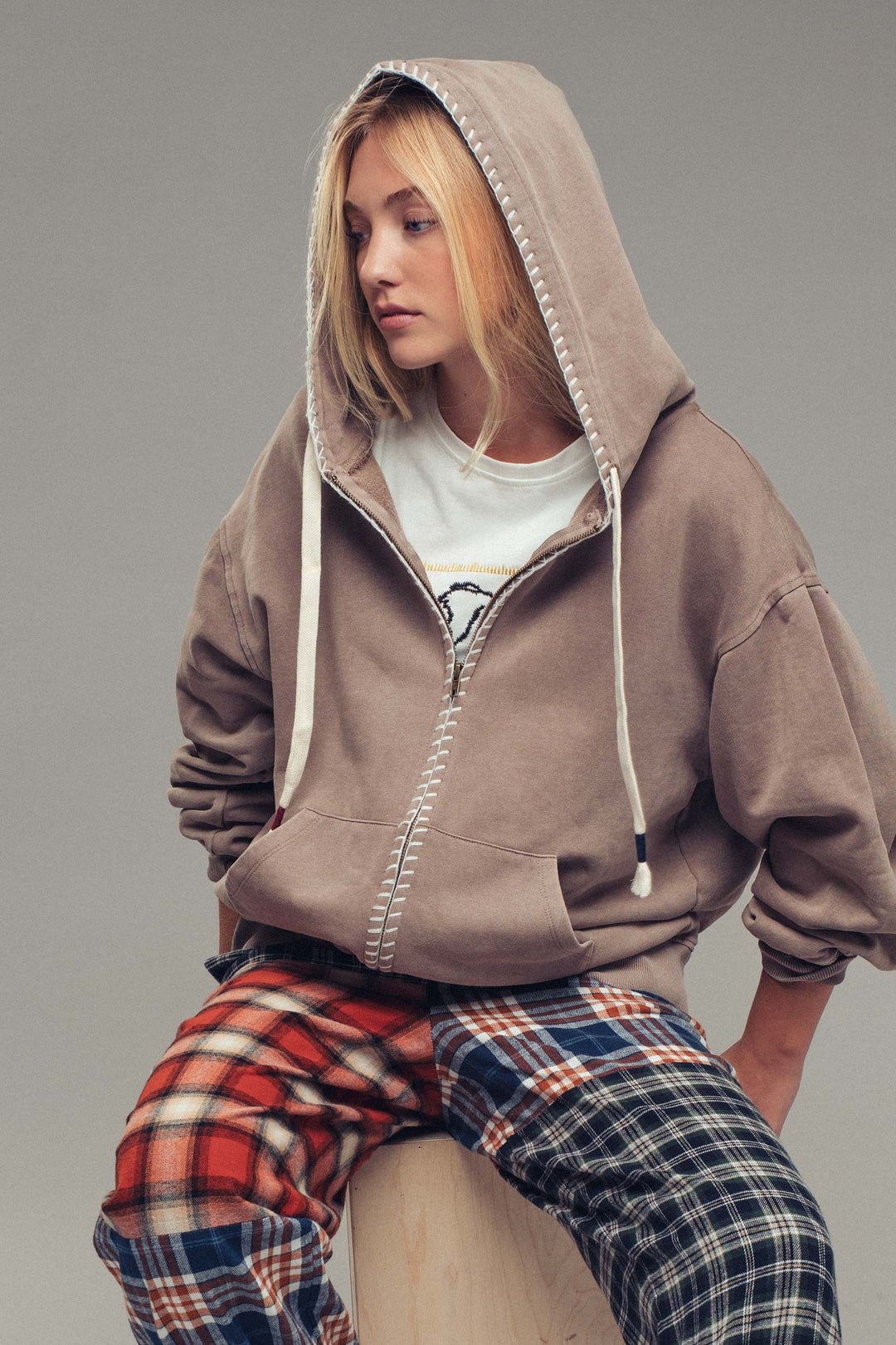 washed stitch detail oversized zip up hoodie - mocha mousse