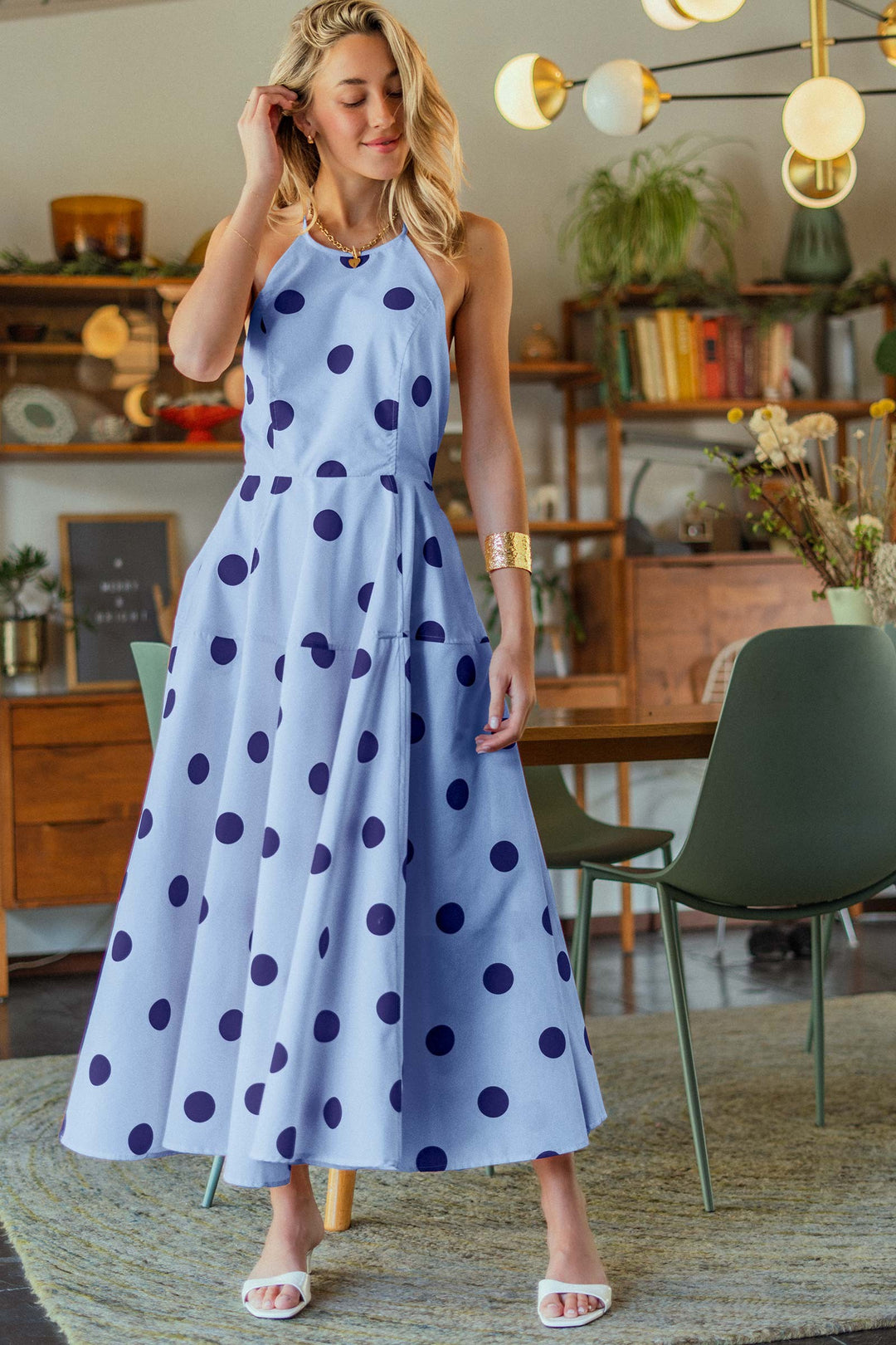 polka dot halter maxi dress - blue navy