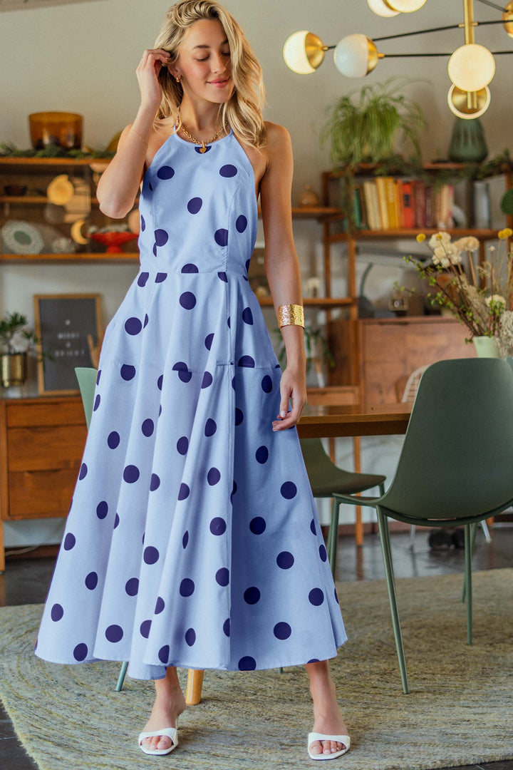 polka dot halter maxi dress - blue navy