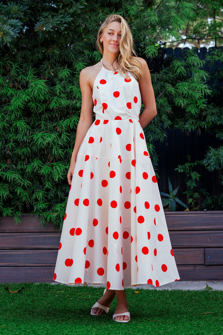 polka dot halter maxi dress - red