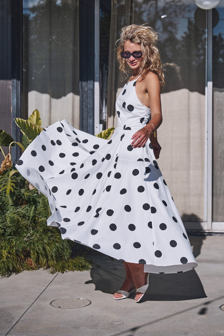 polka dot halter maxi dress - white black