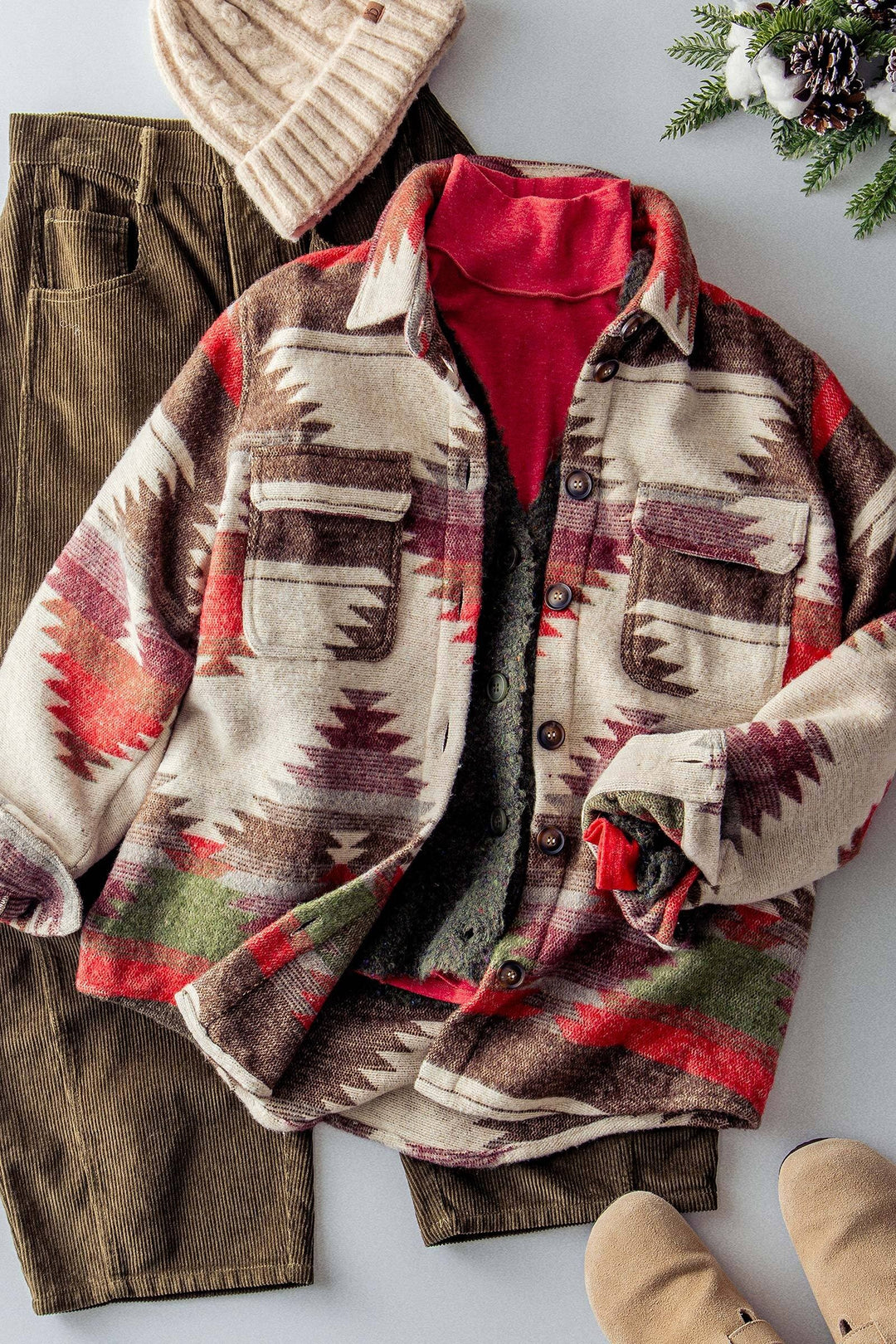 aztec pattern button down shacket - red brown