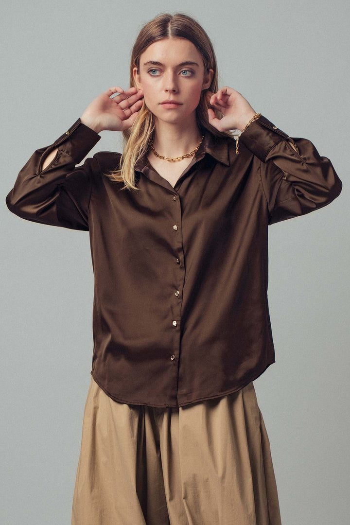 satin button down blouse - brown (additional view)