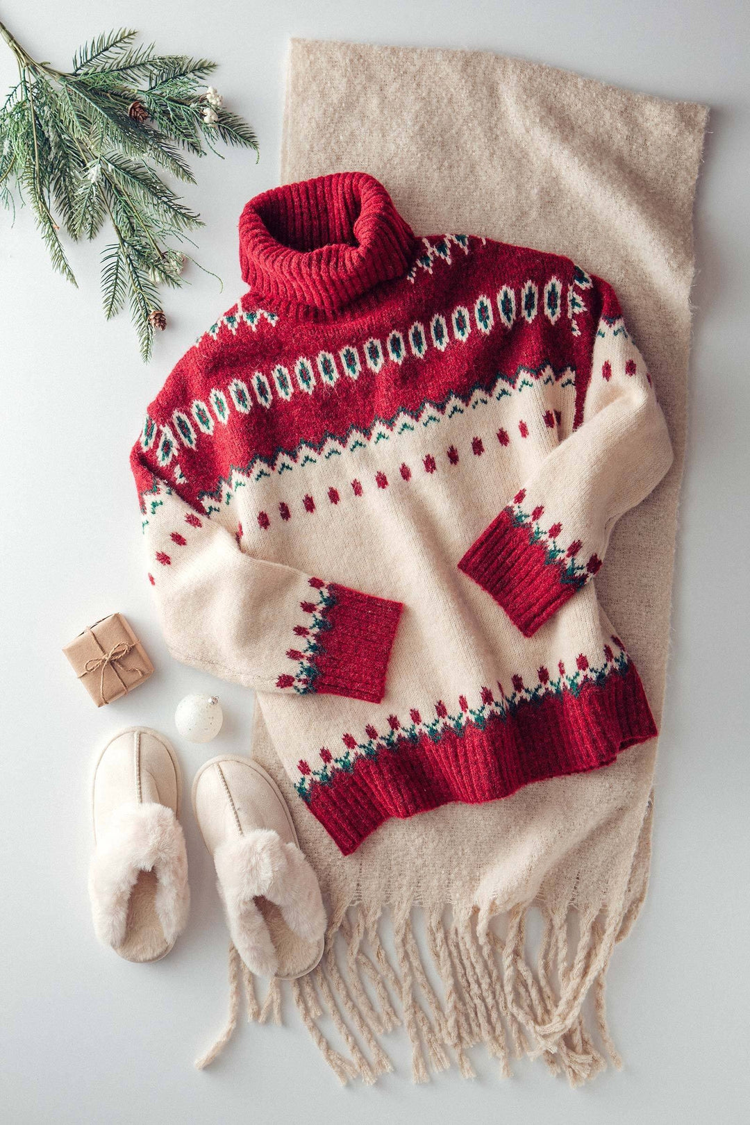 fair isle turtleneck knit sweater - ivory red