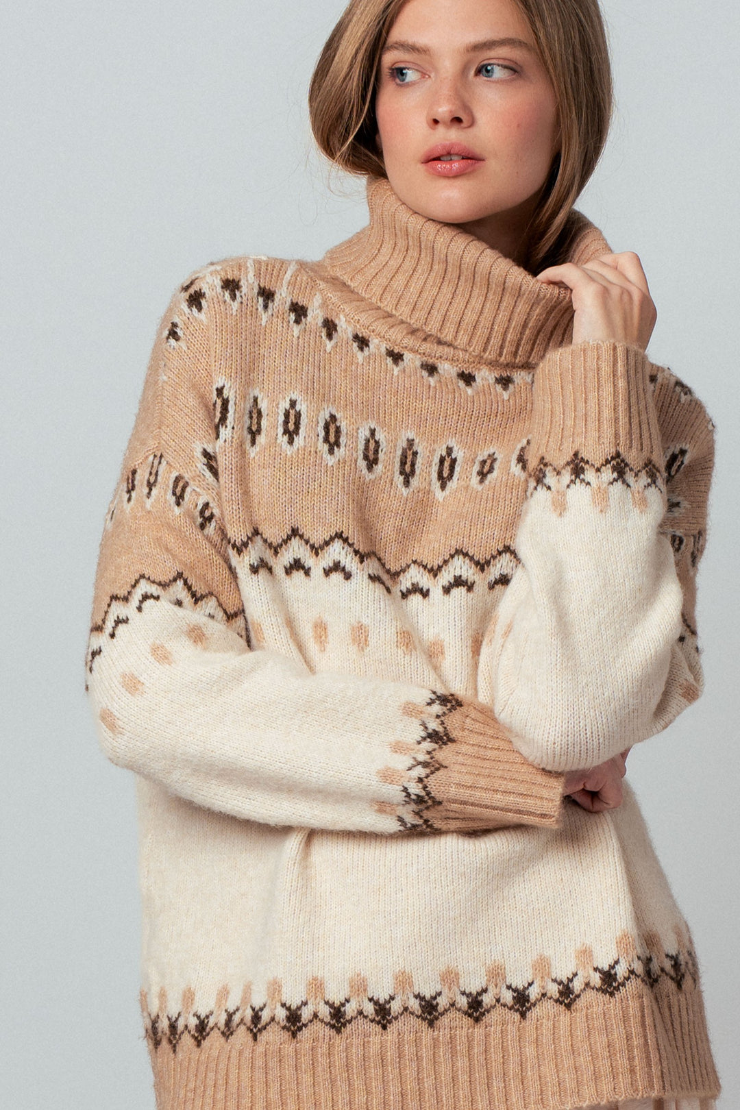 fair isle turtleneck knit sweater - ivory camel (additional view)