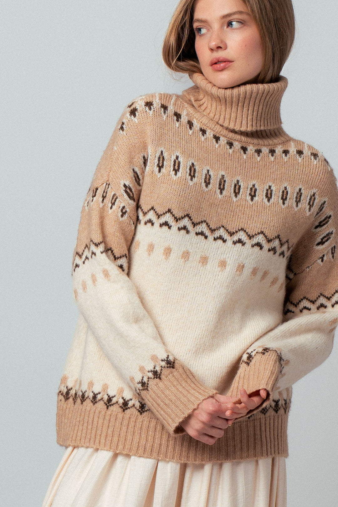 fair isle turtleneck knit sweater - ivory camel (additional view)