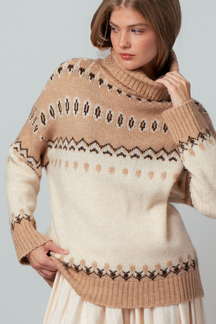 fair isle turtleneck knit sweater - ivory camel (additional view)