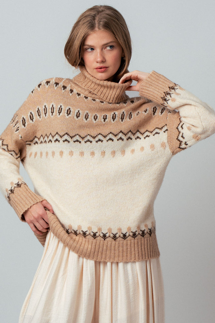 fair isle turtleneck knit sweater - ivory camel (additional view)