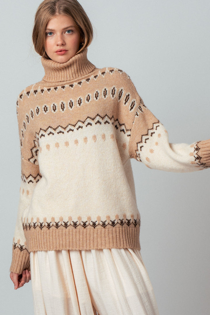 fair isle turtleneck knit sweater - ivory camel (additional view)