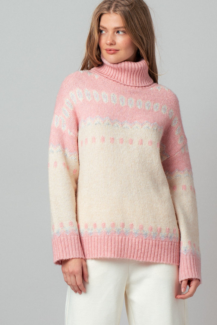fair isle turtleneck knit sweater - ivory pink (additional view)