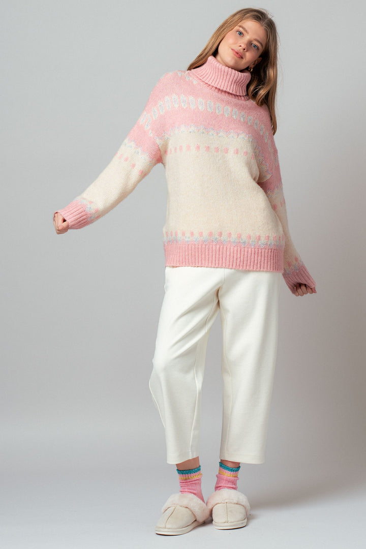 fair isle turtleneck knit sweater - ivory pink (additional view)