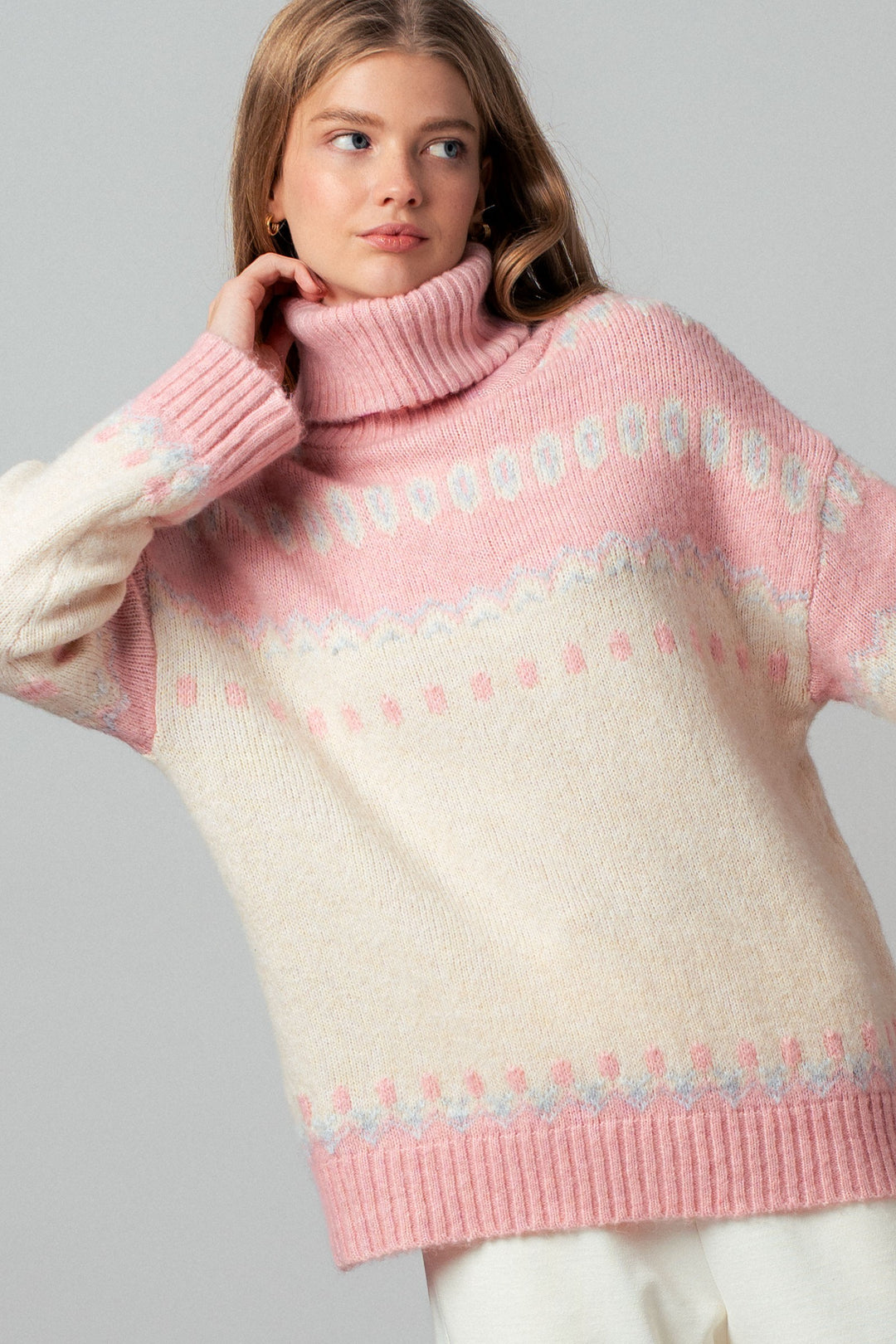 fair isle turtleneck knit sweater - ivory pink (additional view)