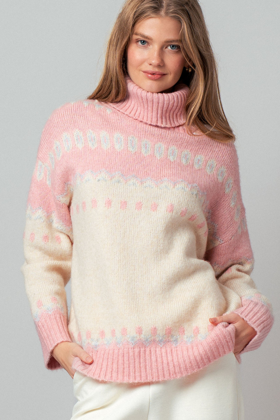 fair isle turtleneck knit sweater - ivory pink (additional view)
