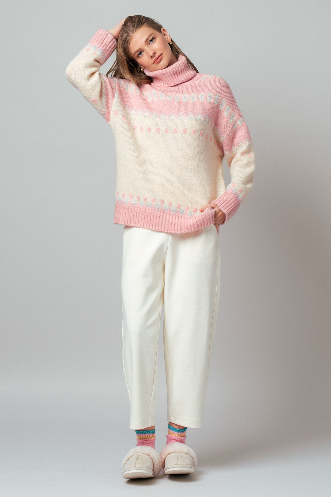 fair isle turtleneck knit sweater - ivory pink (additional view)