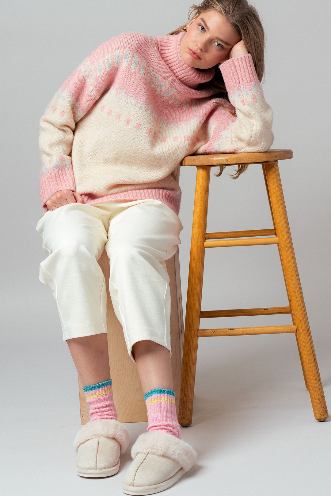 fair isle turtleneck knit sweater - ivory pink (additional view)