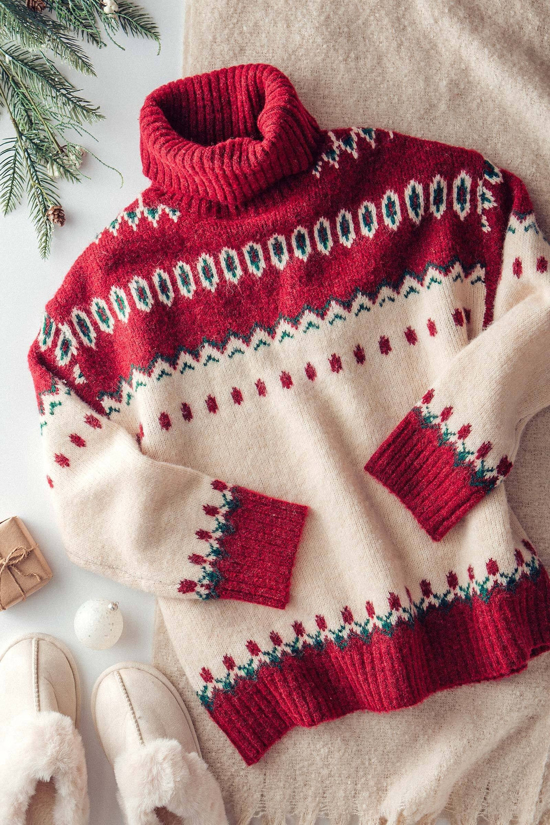 fair isle turtleneck knit sweater - ivory red (additional view)