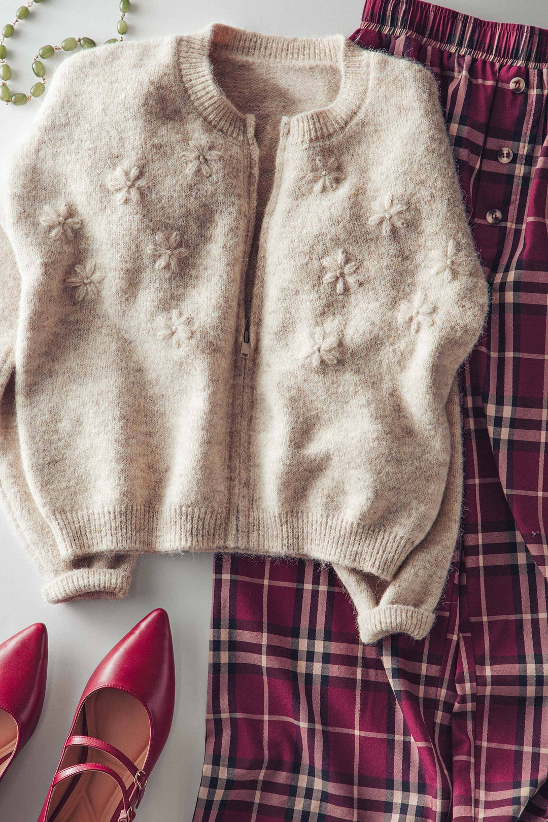 embroidered zip up cardigan - oatmeal