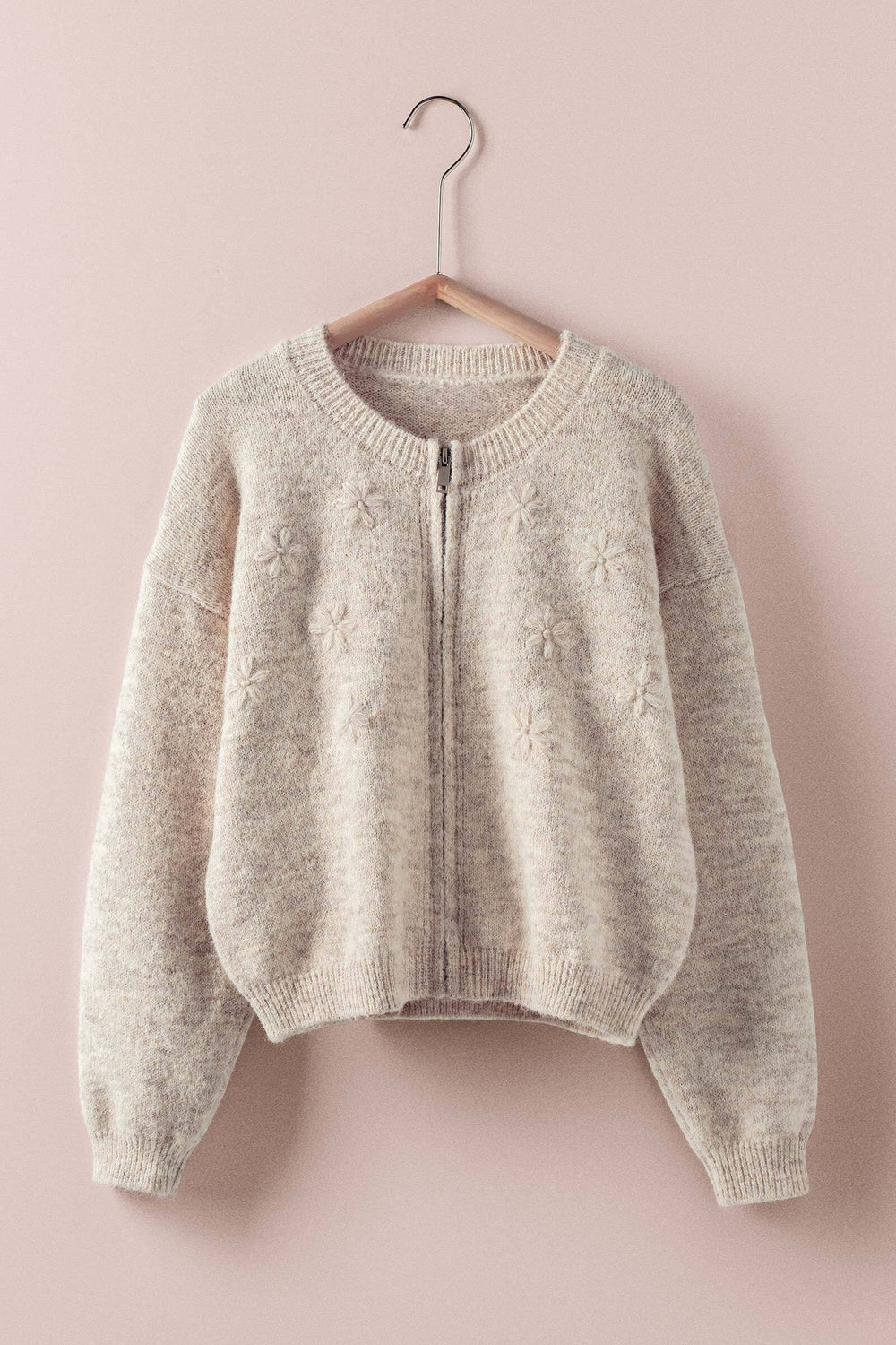 embroidered zip up cardigan - oatmeal (additional view)