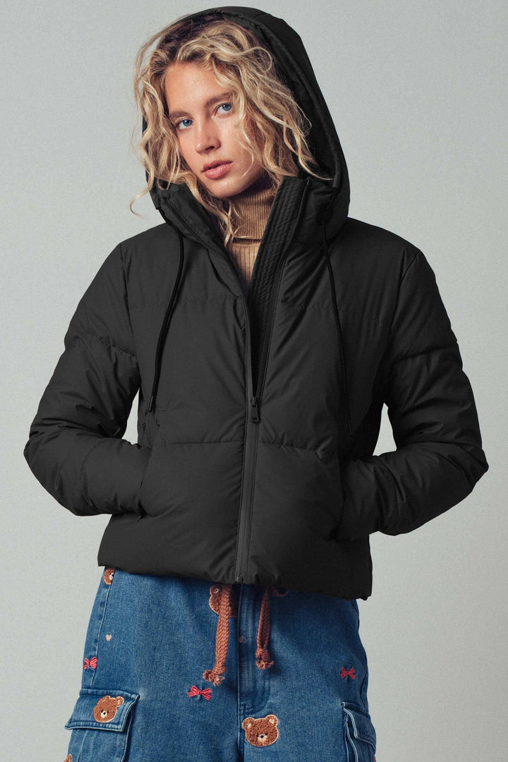 zip up hooded puffer winter jacket - black