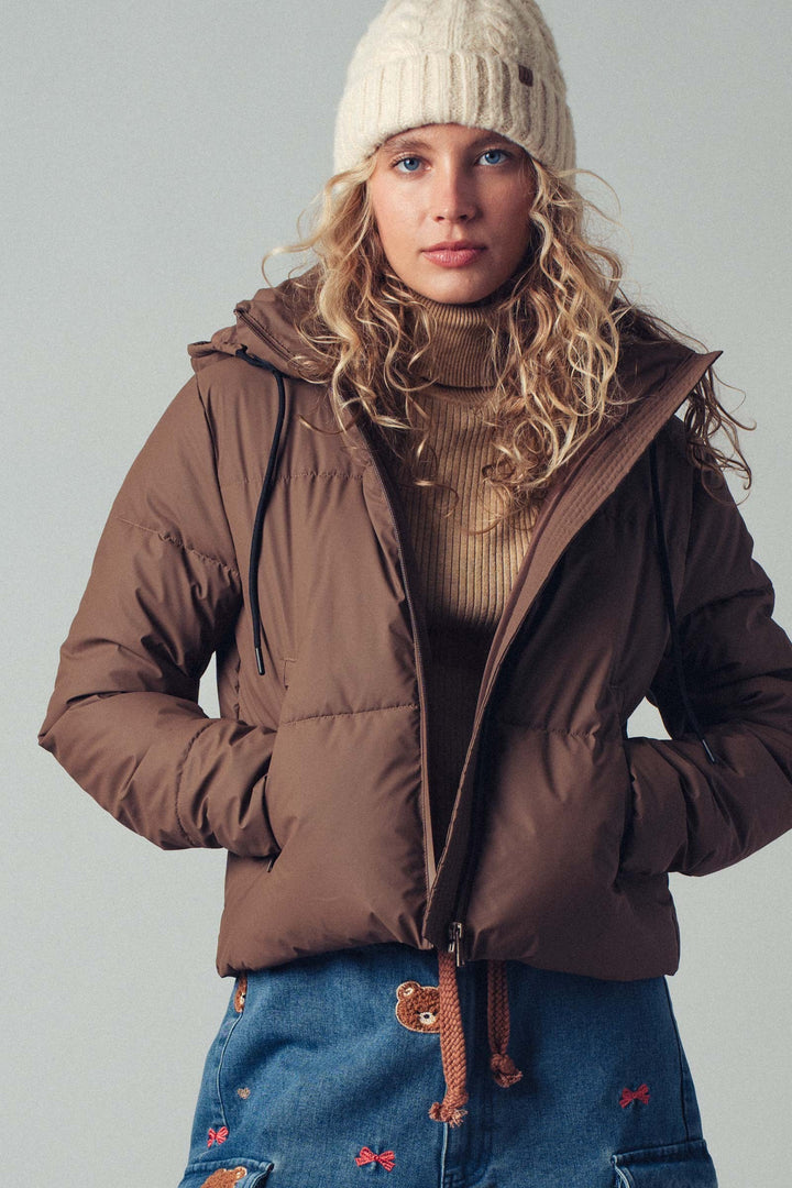 zip up hooded puffer winter jacket - chocolate