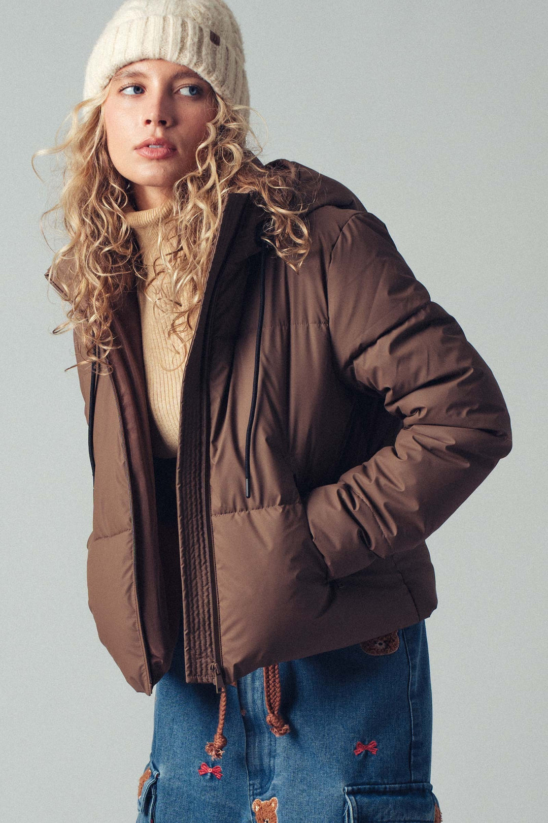 zip up hooded puffer winter jacket - chocolate (additional view)