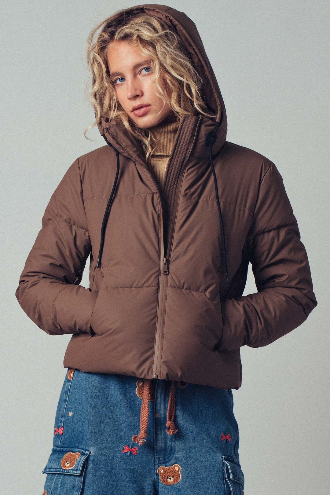 zip up hooded puffer winter jacket - chocolate (additional view)